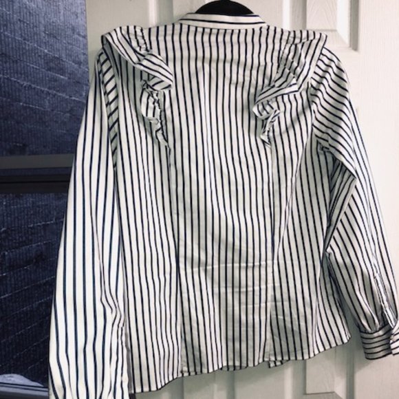 Banana Republic Navy/White Striped Ruffle Shirt - Picture 6 of 7
